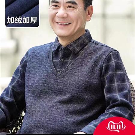 羊毛衫圆领中老年男装秋款加绒加厚高领针织毛衣
